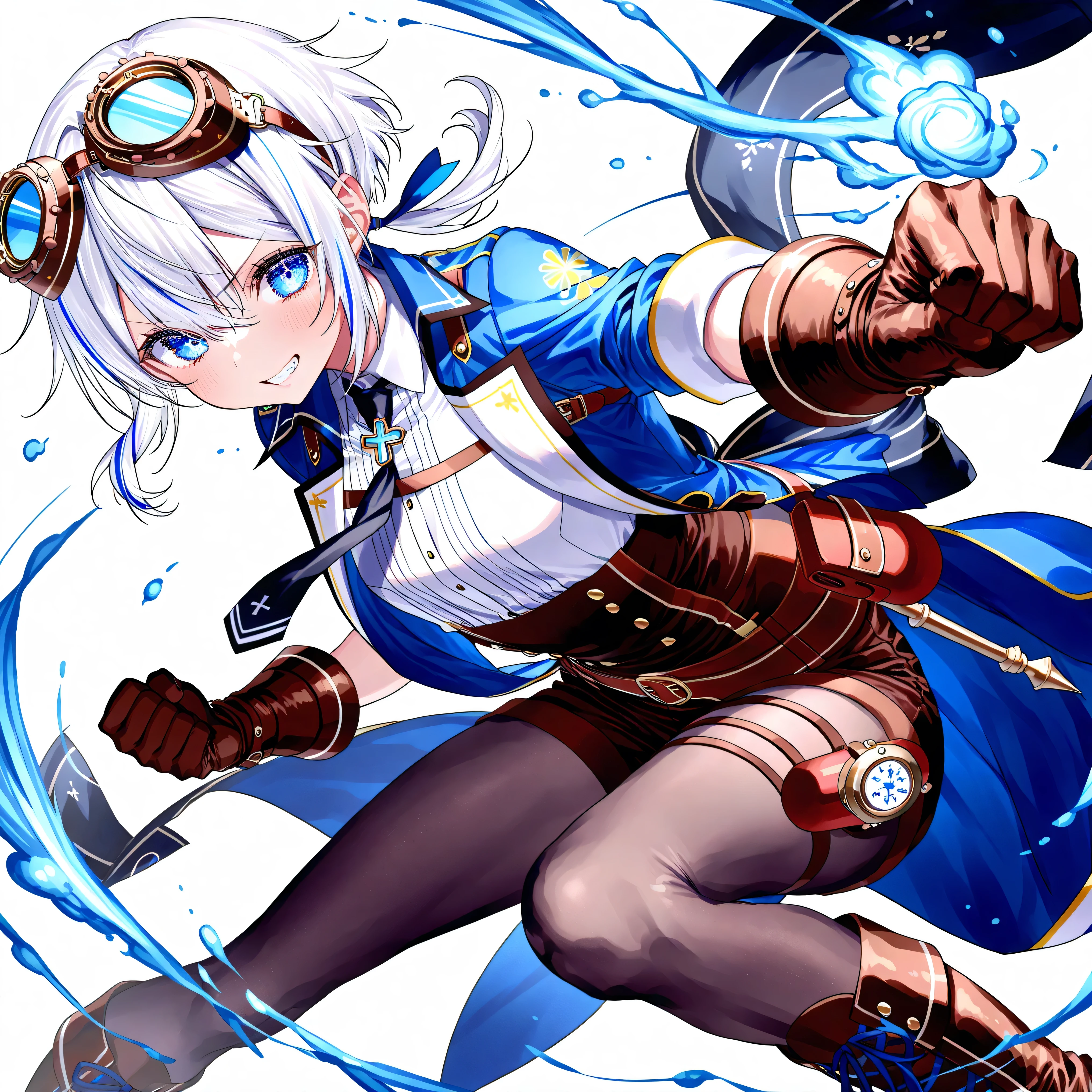 high resolution、High Quality、short cut hair, low ponytail 、 white hair、stupid hair、black pantyhose 、Boyish clothes、double teeth、solo、Thick-soled boots、 asymmetric hair 、 simple eyes 、white background、standing、huge steampunk gloves、right straight punch、Wide Angle Shot, shorts