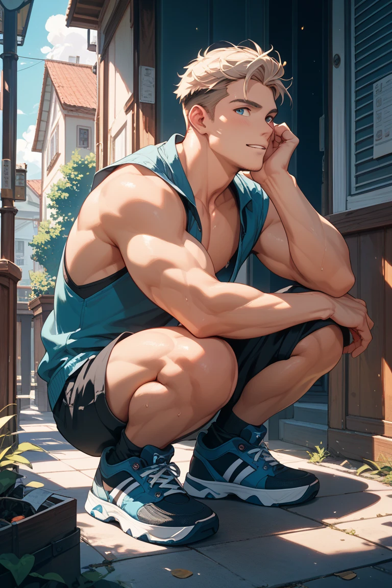 best quality, masterpiece, handsome man with medium length curtain bangs, sits at a park bench, legs wide open, neon tanktop, skimpy booty shorts, pulls down waistband to expose flaccid uncut penis, scratching his head, sexy, gay, homoerotic, in dark park, at night, lush bushes in the background, ambient lighting, extremely dramatic shadows, front view, full body, fill frame, perfection, no watermark, no logo, no signature, mj manga