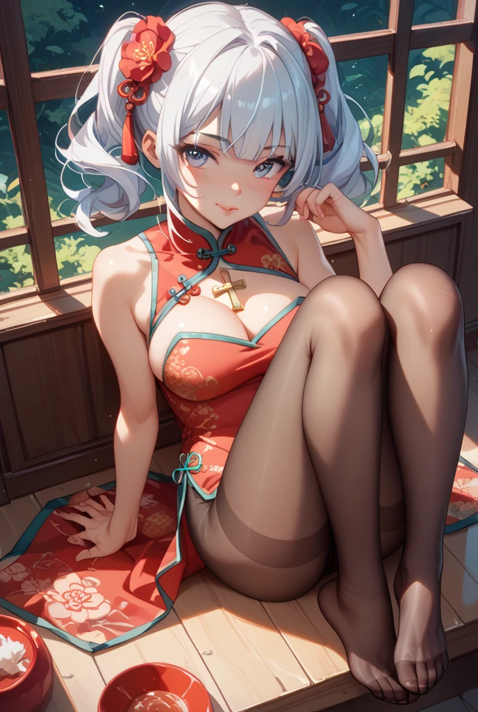 1girl、(((best quality)), ((masterpiece)), (details), masterpiece, best quality, high quality, ulutra detailed, perfect face, ((1girl, blue eyes, cat ears: 1.3 silver bob hair: 2.5,)) and ((Big white wolf：2.1)) 、Shiny Hair、Glowing Skin、blush、Lustful look、Small breasts，Sidetiletto heels、China dress、Alluring expression，Chinese gorgeous outdoor background、