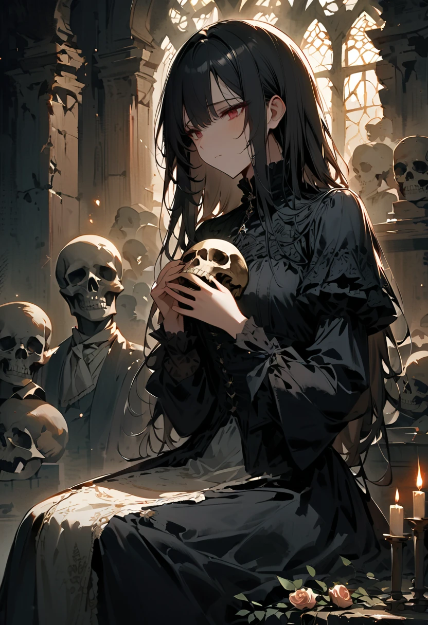 独奏,upperbody,Adult women、Pride is high、Eyelashes、black short wavy hair,big forehead,Sad expressionless、All-black robe、Round skull shield、Decadent、
