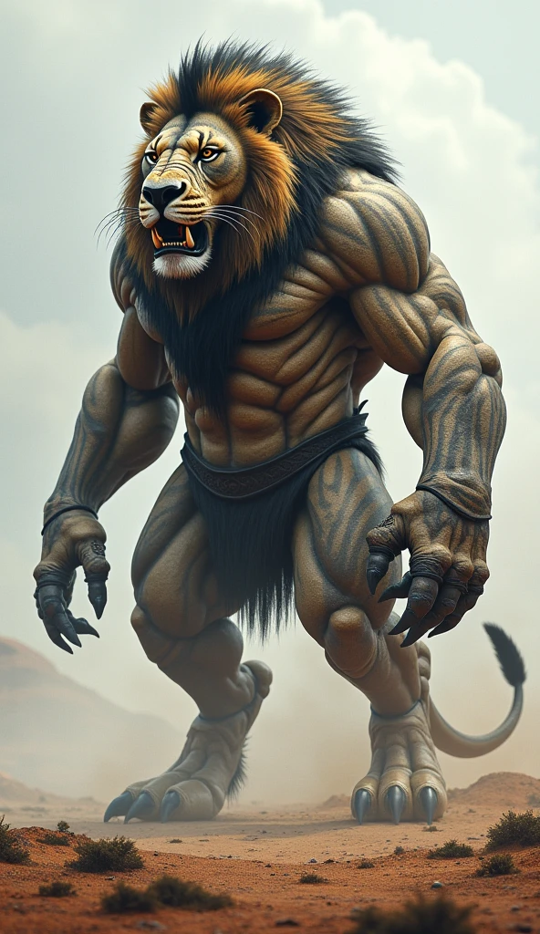 "Design a monstrous, muscle-bound lion-serpent hybrid with lifelike, rugged skin, seamlessly blending fur and scales, set against a breathtaking, natural backdrop."