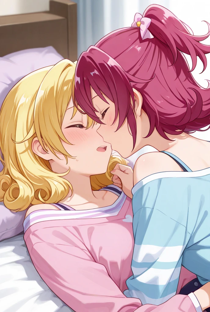 2girl,HighestQuali、A masterpiece、with high resolution、highly details、8K、2girls、adolable、Crystal clear white skin、Functional、All body、junior school student、14岁、A pink-haired,While sleeping、Cute summer pajamas、beautiful lovely、In the lovely bed、midnight、clothes are disheveled、Asleep、Both stick out their tongues,deep kisses,Kiss