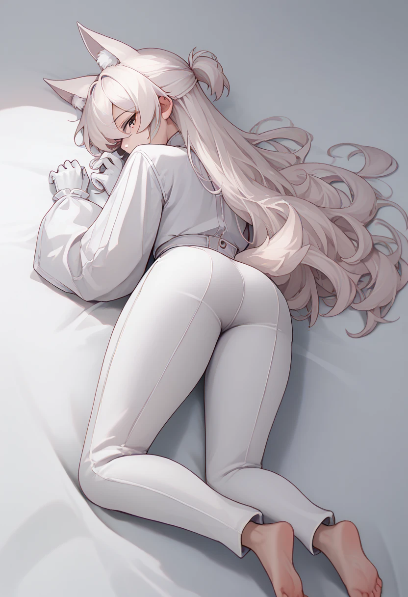 (((Mature))), solo, median furrow, long hair, full body, bare shoulders, strap slip, ass focus, reading, indoors, on side, pillow, head wreath, petals, on bed, from behind, solo, open book, toes, foreshortening, elf, twintails, no shoes, toeless legwear, book, bed sheet, pantyhose, back, leggings, dress, lying, white dress, fine fabric emphasis, hair ornament, flower, facing away, sleeveless, soles, ass, pointy ears, hair flower, foot focus, white hair, holding, feet, holding book, legs, Stirrup Legwear, <lora:Stirrup_Legwear:0.8>