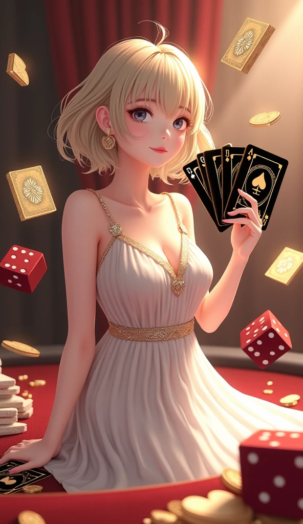 Smiling, blonde hair, painting of a 20-year-old woman alone, in a composition seen from the front, blue eyes, sitting towards a table with a red magic mat, spreading playing cards on the mat, she is a female magician at the table, a picture that looks at her from the front, she alone in the picture, no background, table, purple gown, white silk bra, underwear, full underwear, female underwear, female magician, [Movie], [32K HD ] ^ 10, 4K], Wow, 4K ] Number of arms, pay attention to the direction of the hand Only playing cards on the table