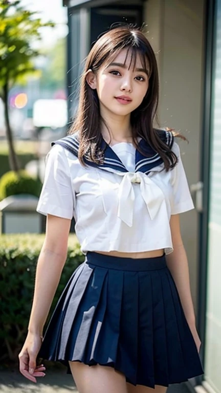 (in 8K, 超A high resolution, Best Quality, masutepiece:1.1),(18year old:1.1)、(Look away)、in 8K、RAW portrait of japanese girl、Photorealsitic、超A high resolution、top-quality、(quite massive chest、Pretty big breasts)(a sailor suit、Navy Pleated Mini Skirt:1.2) (hi-school girl、toned body、Be sure to hide all breasts、Black hair straight hair、 Super cute、Cute smile、Navy Mini Skirt Sailor Suit、Black socks、lowfers:1.4)Walk along the path by the sea