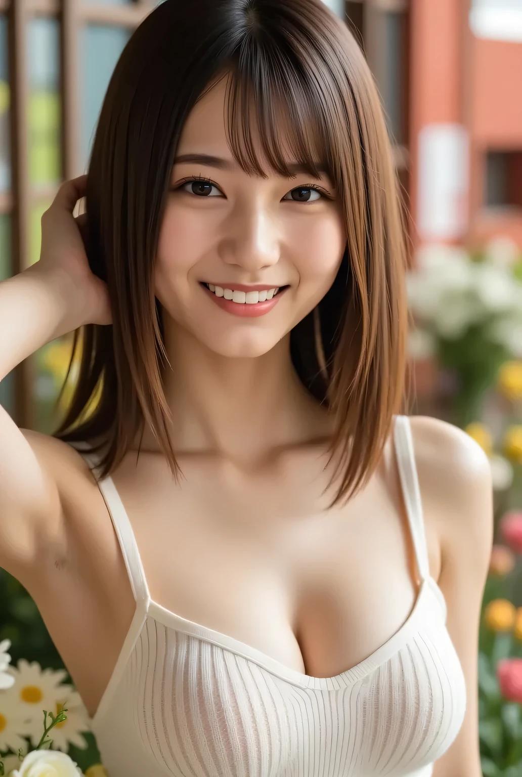 masterpiece,best quality,(Japanese ),((Beautiful girl)),cleavage,indoor,(perfect body beauty:1.2),(shy smile),beautiful teeth,