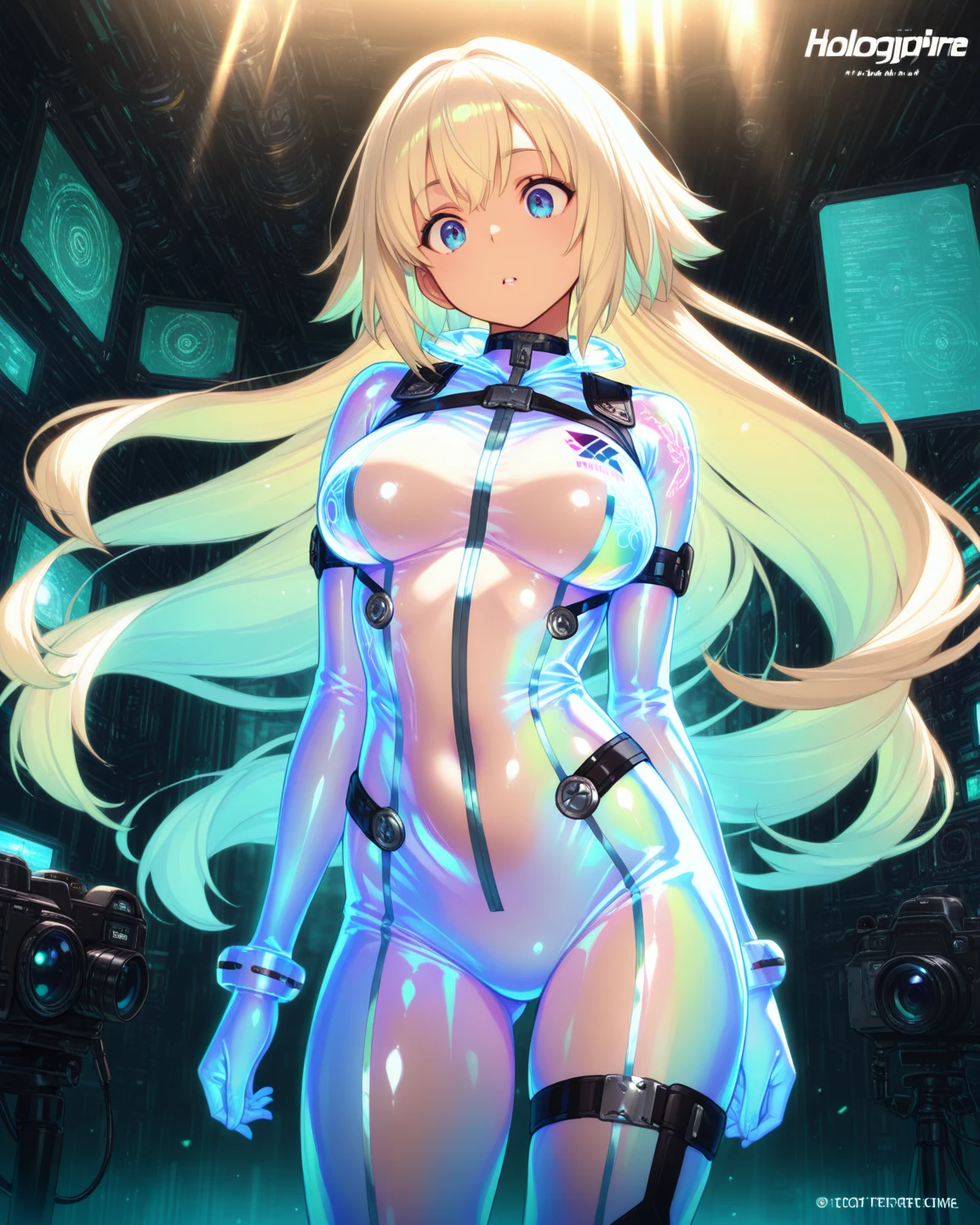 Woman covered in intricate white cybernetics, blue led light, combat uniform, cleavage, high tech, ultra high resolution, 32k, (bikini cyborg robot parts), (be familiar with:1.4), cyberpunk city background, Rainy streets, beautiful face, golden long hair,perfect body,(Lie:1.3)