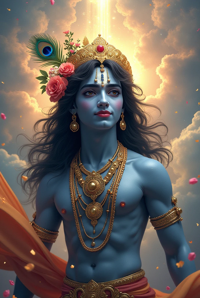 Lord Krishna,clam face and body posture,one hand kept sudrshna chakra ,and coller of body is blue,on the head fan of picock 