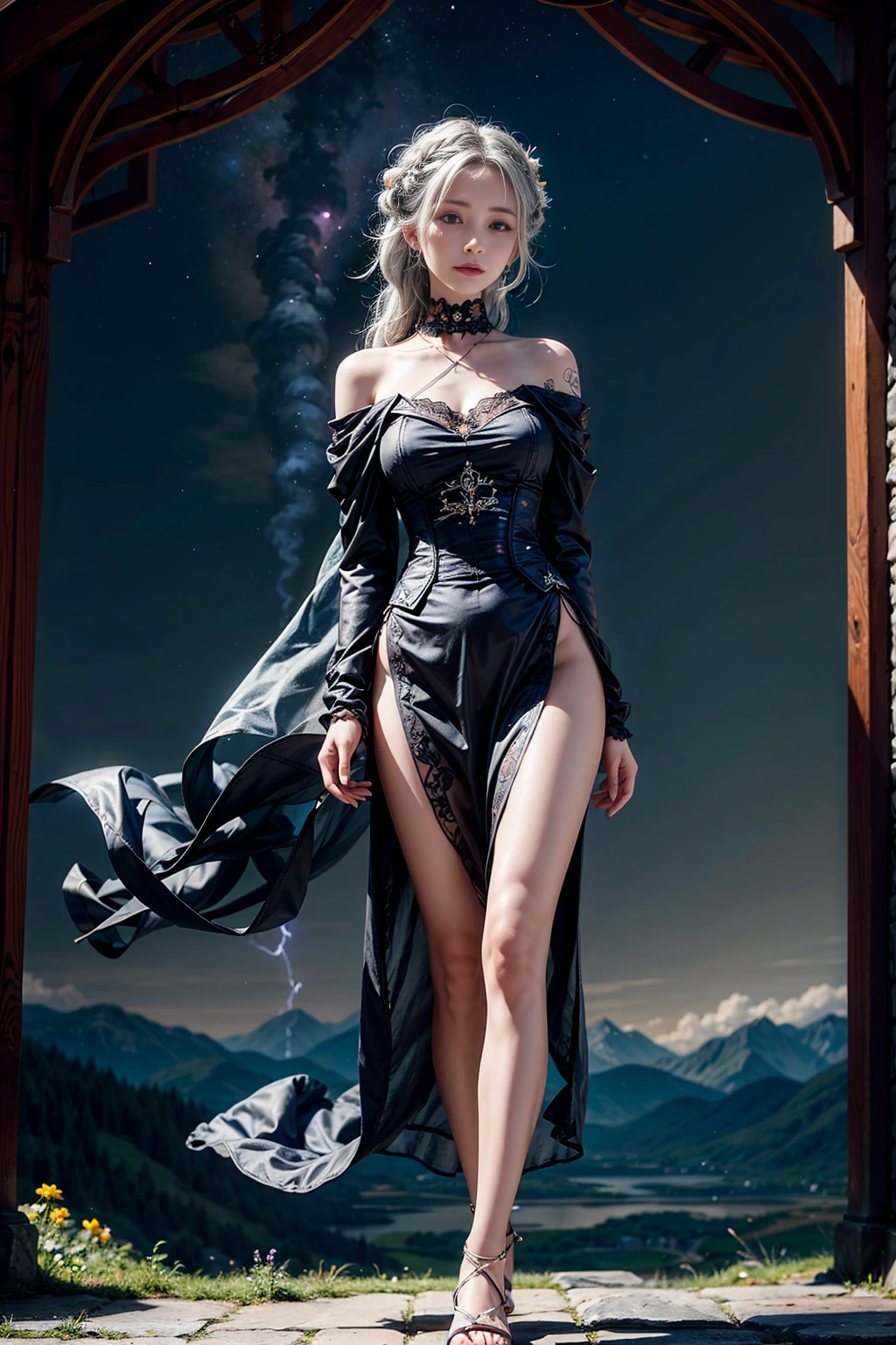 Hold the skirt with your hands、squall、External、(Ultra photo realsisim), (A illustration), (A high resolution), (8K), (The is very detailed), (The best illustration), (Beautiful detailed eyes), (The highest quality), (Super detailed), (masuterpiece、),  (Detailed face), Solo、、、1 rapariga, Noble dress、White hair, Iris heterochromatic eyes, small moles under eye,  Medium chest, Long legs、Stunning composition、Braids、Beautiful and delicate legs