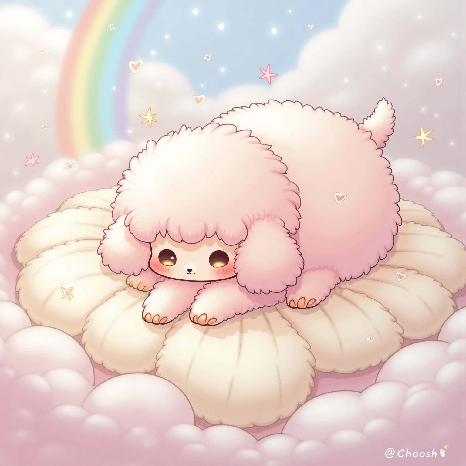On a fluffy cloud、Toy poodle with fur like cotton candy、Fantasy、メルヘンFantasy、Gentle colors、Rainbow Sparkles、Highest Quality、high image quality、masterpiece