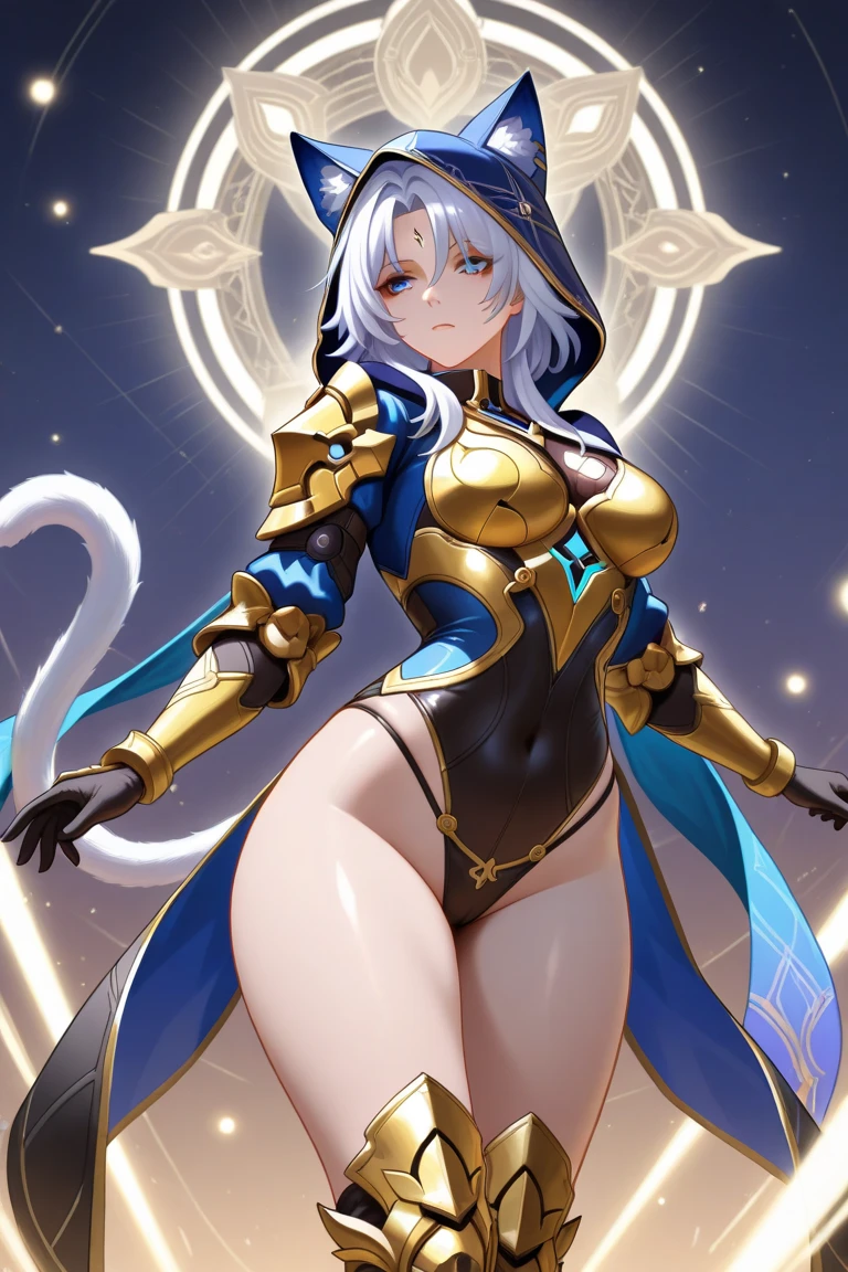 Egyptian god, anubis, one female, female version of anubis, anime girl, desert, pyramid, golden staff,(( short hairs)) ,(((white hairs)), ornaments, gold jewellery, cleavage, see through silk cloth, necklace, blue eyes, moon, night sky,(( wide hips)), big breasts, blue light, black clothes, looking at viewer