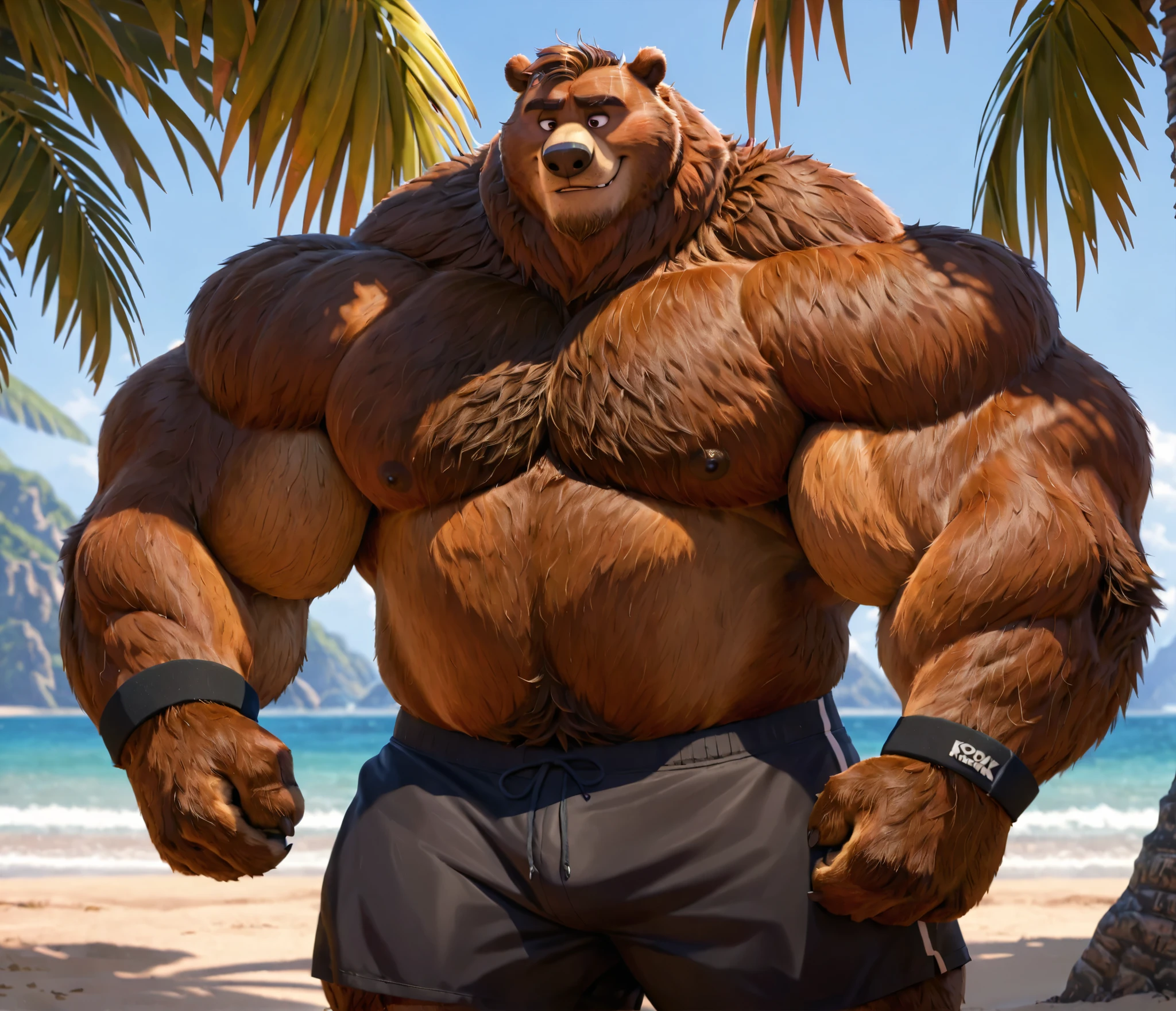 huge muscular Kodiak bear in beach, big hulking flex, grunting smirk, Kodiak bear, huge brown fur, thick arm, huge arm, added bushy brown mustache, with a beard, short brown hair, (veiny muscular, pectoral, wide pectoral, thick neck, thick arms), beach, palm, Zootopia, 8k, masterpiece, gray eyebrows added, added eyes with brown pupils, (wearing black swim shorts, wristband, shirtless, topless, half naked and feet), flexing his biceps