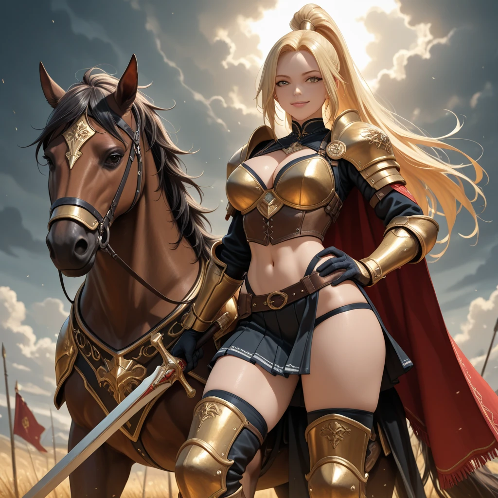 (best quality, master part, Melhor_qualidade, circunstanciado:1.5), Amazonian Warrior (Greek Mythology): Wearing well-worn leather or bronze armor, wearing a worn helmet or headband, and a faded Greek flag patch, symbolically, with brown hair in a braided hairstyle and adorned with feathers, complemented by intense green eyes in an epic mythical landscape