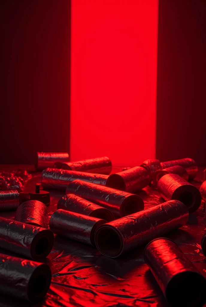 Textured red glitter background,Red has a depth of field background,The ground has a golden flash,Next to it are small gift boxes and ribbons stacked together