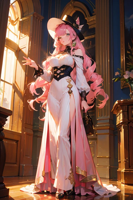 Girl with pink hair,reflective skin,princess clothing,transparent clothing,long hair,smiling,window in the background,official art,