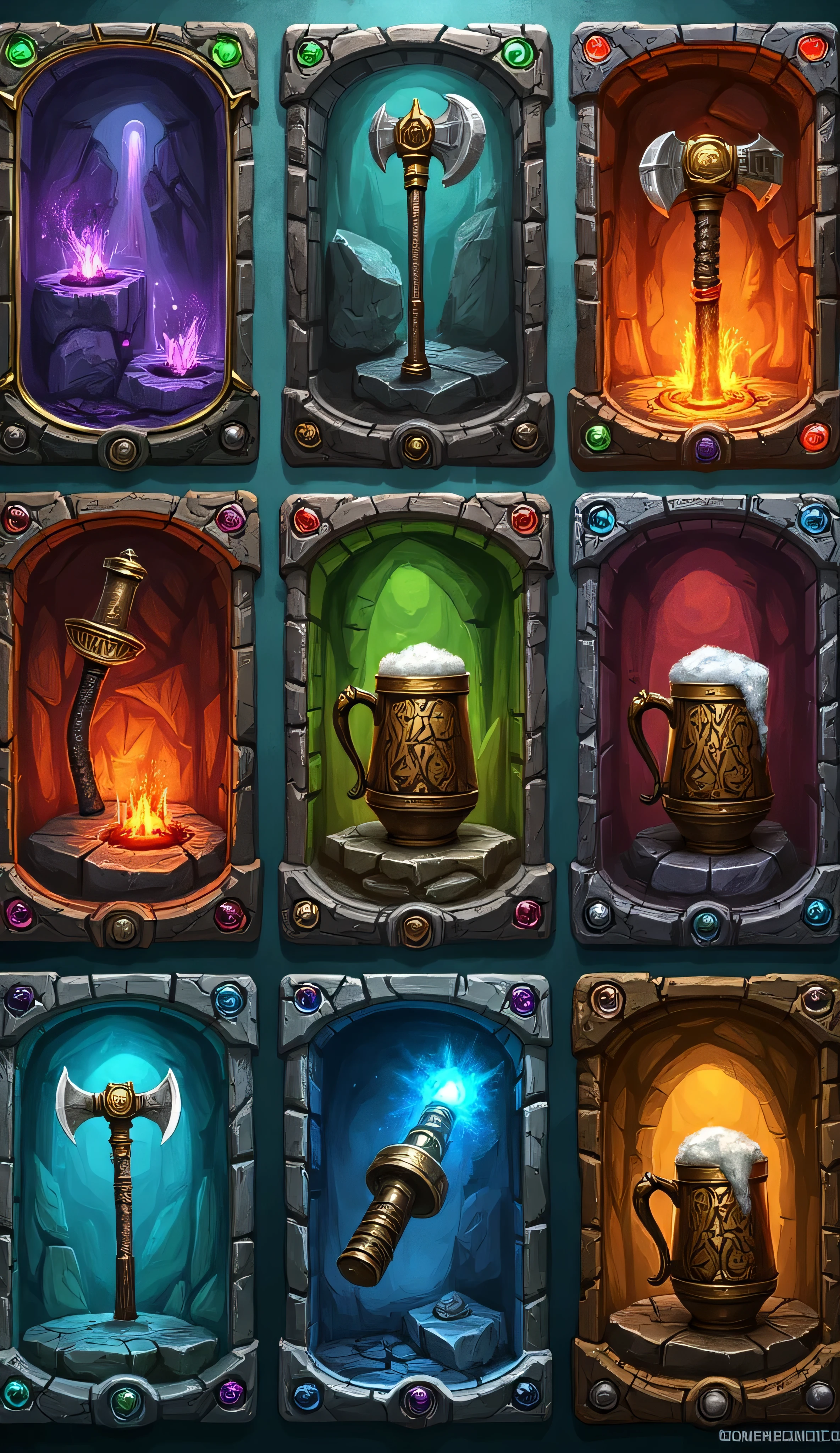 collection of illustrated loot cards, Dwarven culture, Dungeons & Dragons fantasy setting, card features a unique magical item crafted by dwarves, rune-etched battleaxes, intricately forged hammers, enchanted armor pieces with glowing gemstones, tankards of endless ale, relics passed down through ancient mountain clans, stone textures card design, metallic borders, backgrounds resemble deep mountain halls, glowing forges, treasure vaults lit by lava and enchanted crystals, bold and detailed aesthetic, craftsmanship, honor, ancient traditions of the Dwarves
