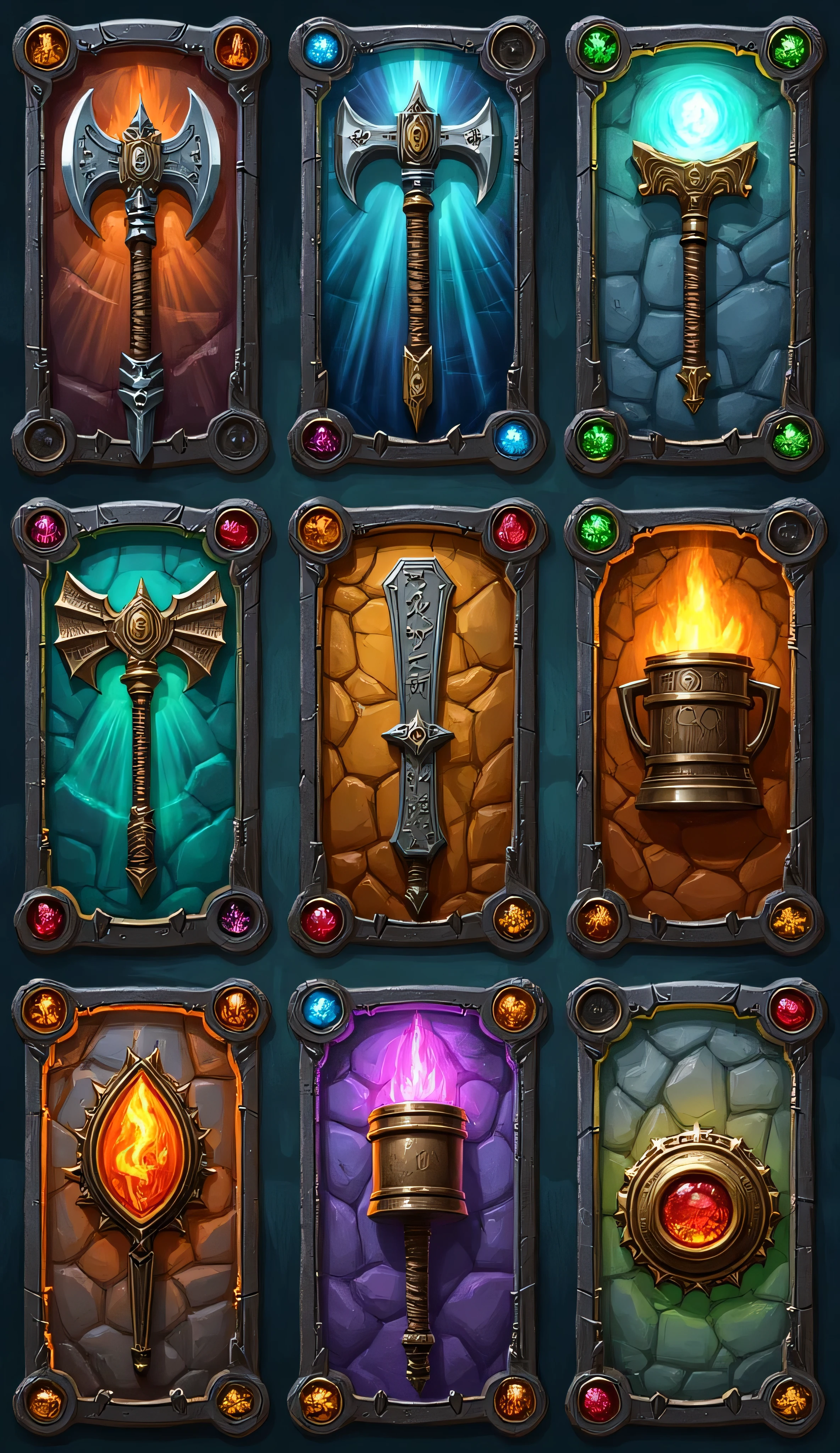 collection of illustrated loot cards, Dwarven culture, Dungeons & Dragons fantasy setting, card features a unique magical item crafted by dwarves, rune-etched battleaxes, intricately forged hammers, enchanted armor pieces with glowing gemstones, tankards of endless ale, relics passed down through ancient mountain clans, stone textures card design, metallic borders, backgrounds resemble deep mountain halls, glowing forges, treasure vaults lit by lava and enchanted crystals, bold and detailed aesthetic, craftsmanship, honor, ancient traditions of the Dwarves