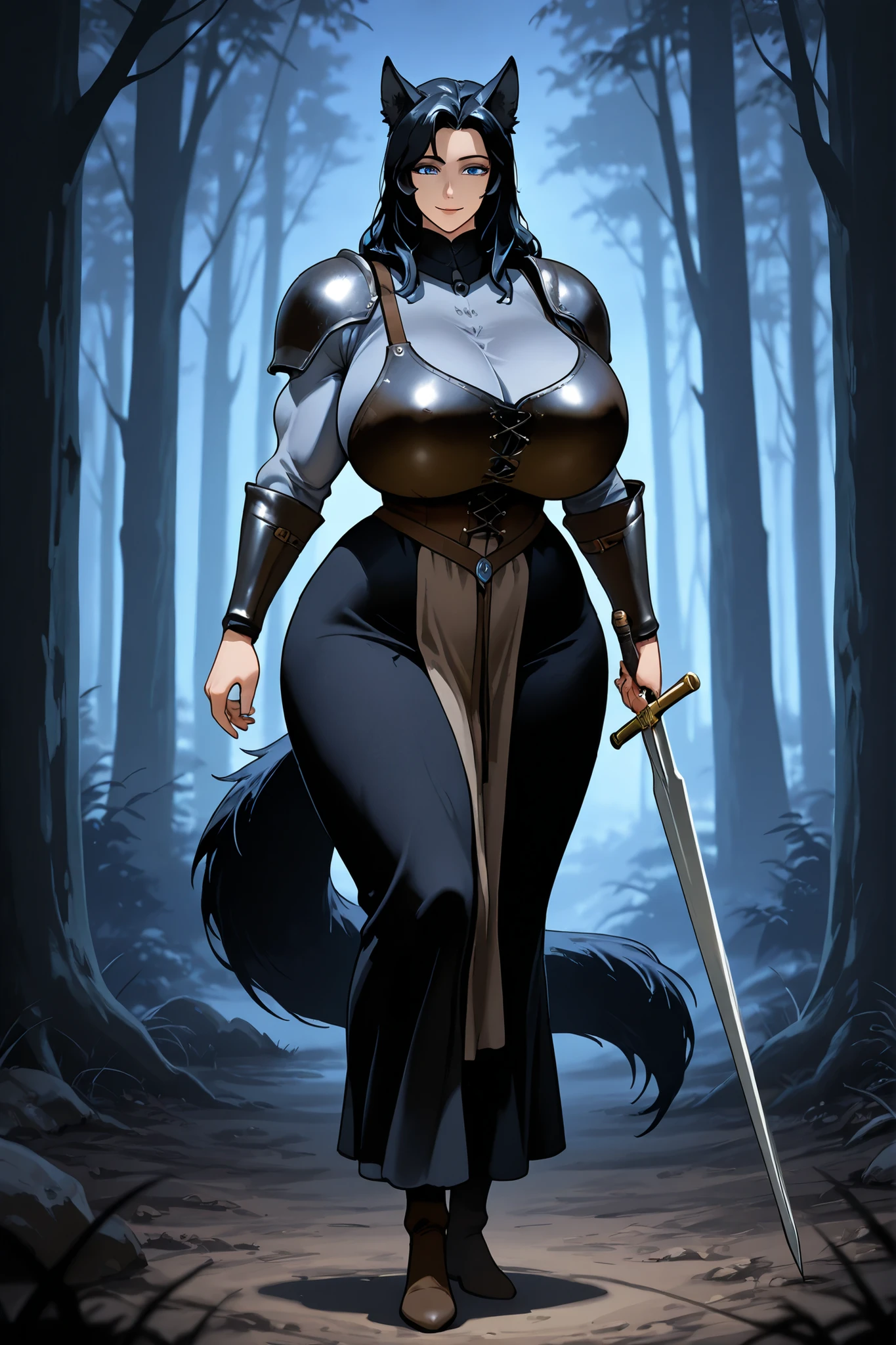 (masterpiece, best quality, 1girl, massive breasts, f, detached collar, black cape, black crop top, breastplate, tassel, belt, short shorts, gauntlets, patterned pantyhose, high heel boots, ,, realistic style, , , large hips, , , perfect female figure ,standing ,patterned pantyhose embyleth in a fantasy village , cobbled path, walking a cute fluffy dog
