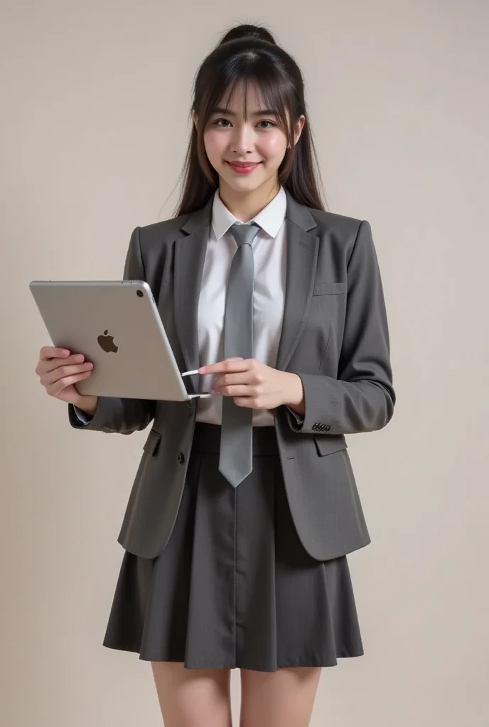 1girl, solo, parted lips, from just front, upper body, holding a large tablet device with both hands, tailored jacket, office lady, bookshelf, looking straight at the viewer, from just front