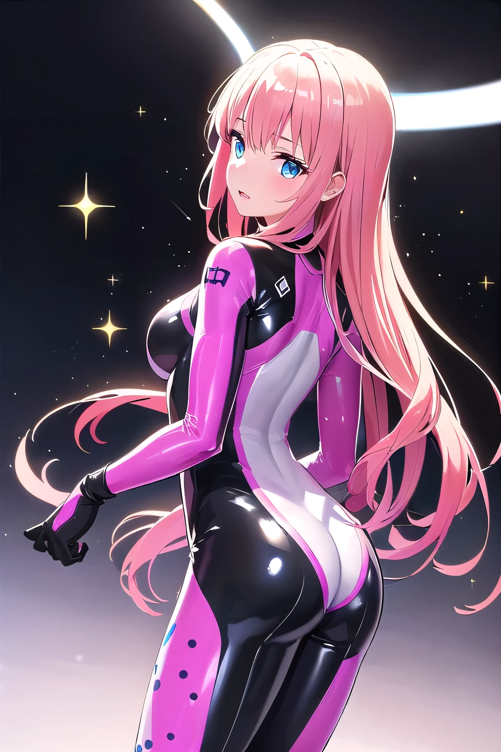 Masterpiece, top quality, best quality, official art, beautiful and aesthetic, anime, 1girl, Zero Two, extremely detailed, colorful, more detailed ((ultra-detailed)), (highly detailed CG illustration),smile,horny,detailed face,pink hair, big green eyes, red body suit, in middle,skinny fit, small breasts,from behind,spaceship
