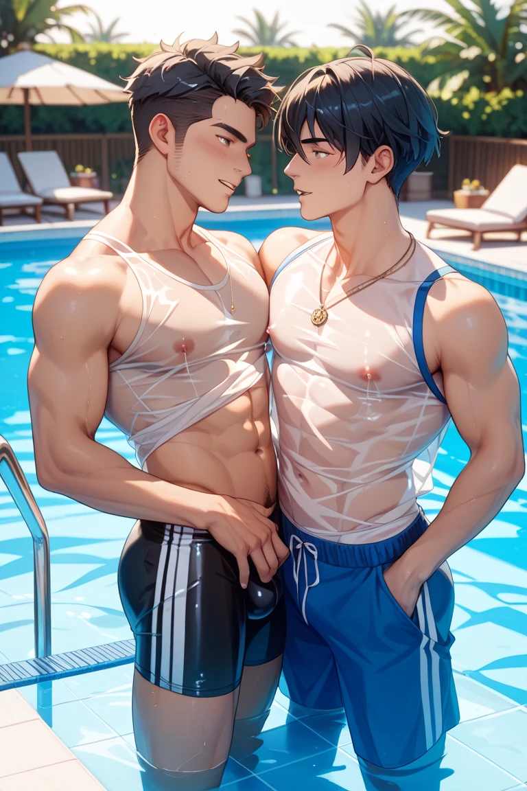 masterpiece,best quality,high quality,(1 male austere handsome solo adult age 30 years old:1.5), purple eyes, cool with suspended eyes, V-shaped eyebrows, body strong and fearless 8.5 head tall, height 185cm,(well-groomed black short hair down to neck:1.4),(bangs in three (parted bangs:1.4), slender nose, facial muscles, throat, (pectoral muscles :1.3), (rectus abdominis), (swim shorts:1.3), (stylish pose), (cool smile:1.3), (background waterfall forest:1.3) , (sunset:1.3)