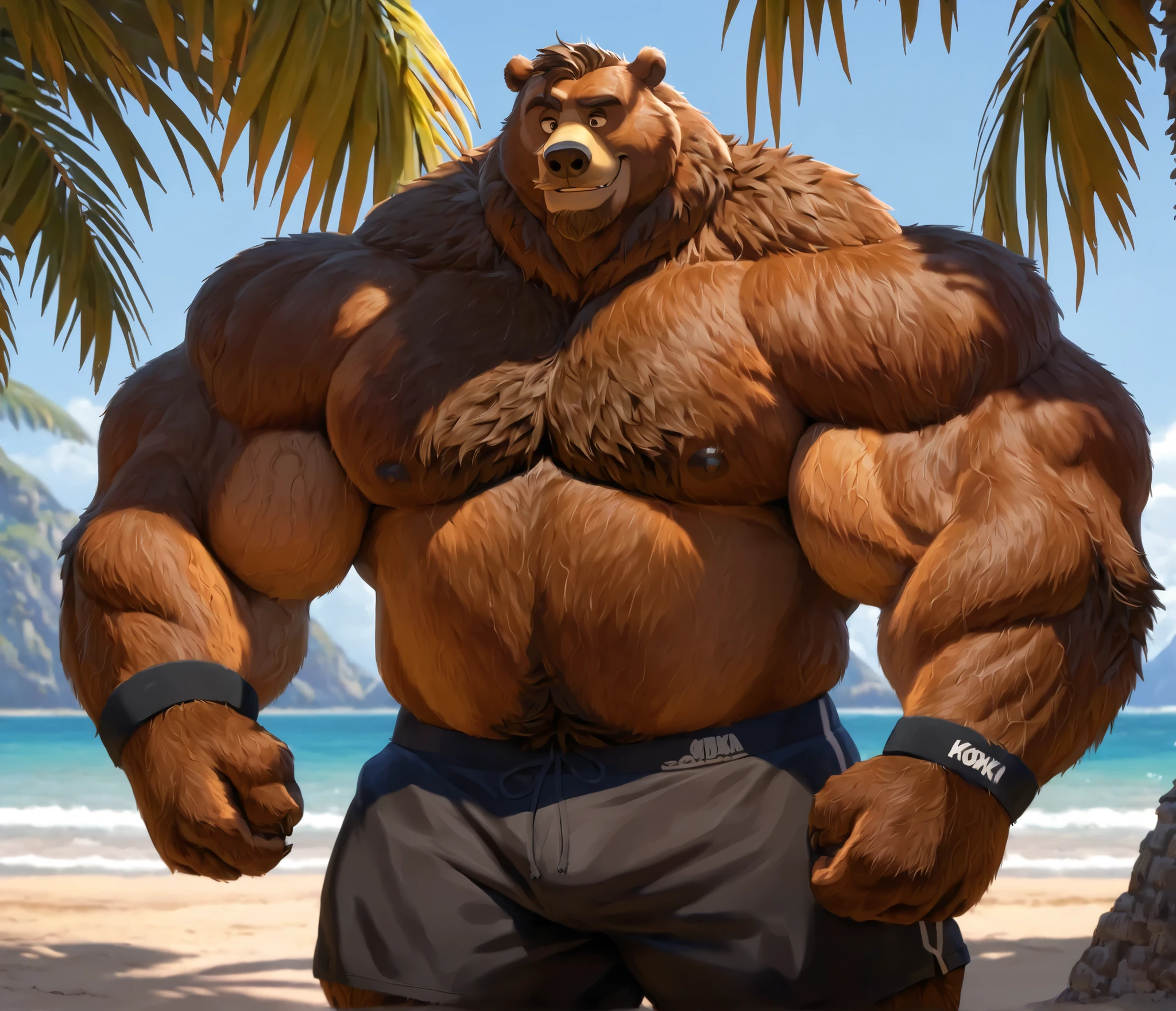huge muscular Kodiak bear in beach, big hulking flex, grunting smirk, Kodiak bear, huge brown fur, thick arm, huge arm, added bushy brown mustache, with a beard, short brown hair, (veiny muscular, pectoral, wide pectoral, thick neck, thick arms), beach, palm, Disney, 8k, masterpiece, gray eyebrows added, added eyes with brown pupils, (wearing black swim shorts, wristband, shirtless, topless, half naked and feet), flexing his biceps