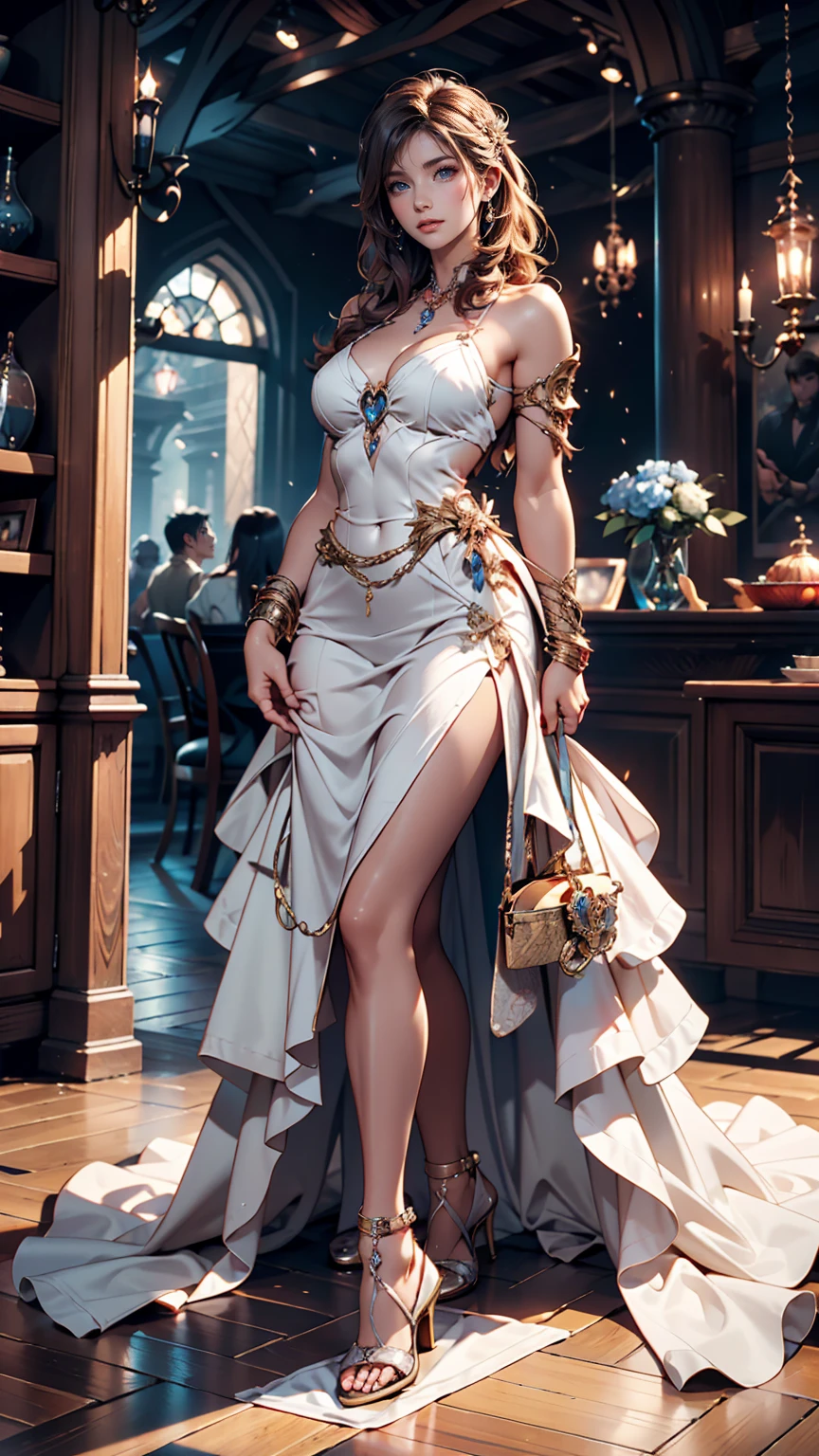 REExcellaGionne, blue eyes, black hair, single hair bun,white dress, choker, necklace, bracelet, cleavage, heels, looking at viewer, smiling, standing, inside dining room, warm ambiance, high quality, masterpiece, <lora:REExcella Gionne:.8>
