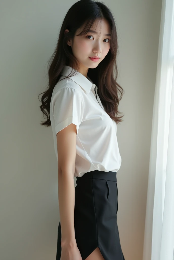 (highest quality, 8K, 32K, masterpiece, UHD:1.2)japanese woman,cool woman,boyish,white shirt,black skirt,large breast bulge,high school student,high school uniform,big breasts,School