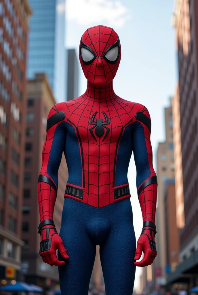 Create a hyper realistic Elon Musk image, wearing spiderman uniform, on top of the tallest building in new york, with the mask in hand.