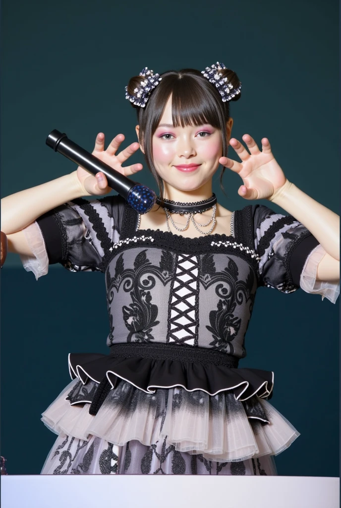 A unique artistic doll with large, round eyes that have intricate details. aspect creppy, The doll is listening to music with headphones, the doll is looking at the starry sky and at night, the doll has a pale complexion with spots running down her cheeks, giving her a somewhat creepy appearance. Her hair is long, dark, and braided, with two large tattered bows on either side. The doll is dressed in a vintage-style dress with a crossover neckline, decorated with a black ribbon. The background is off, allowing the doll to be the main focus.