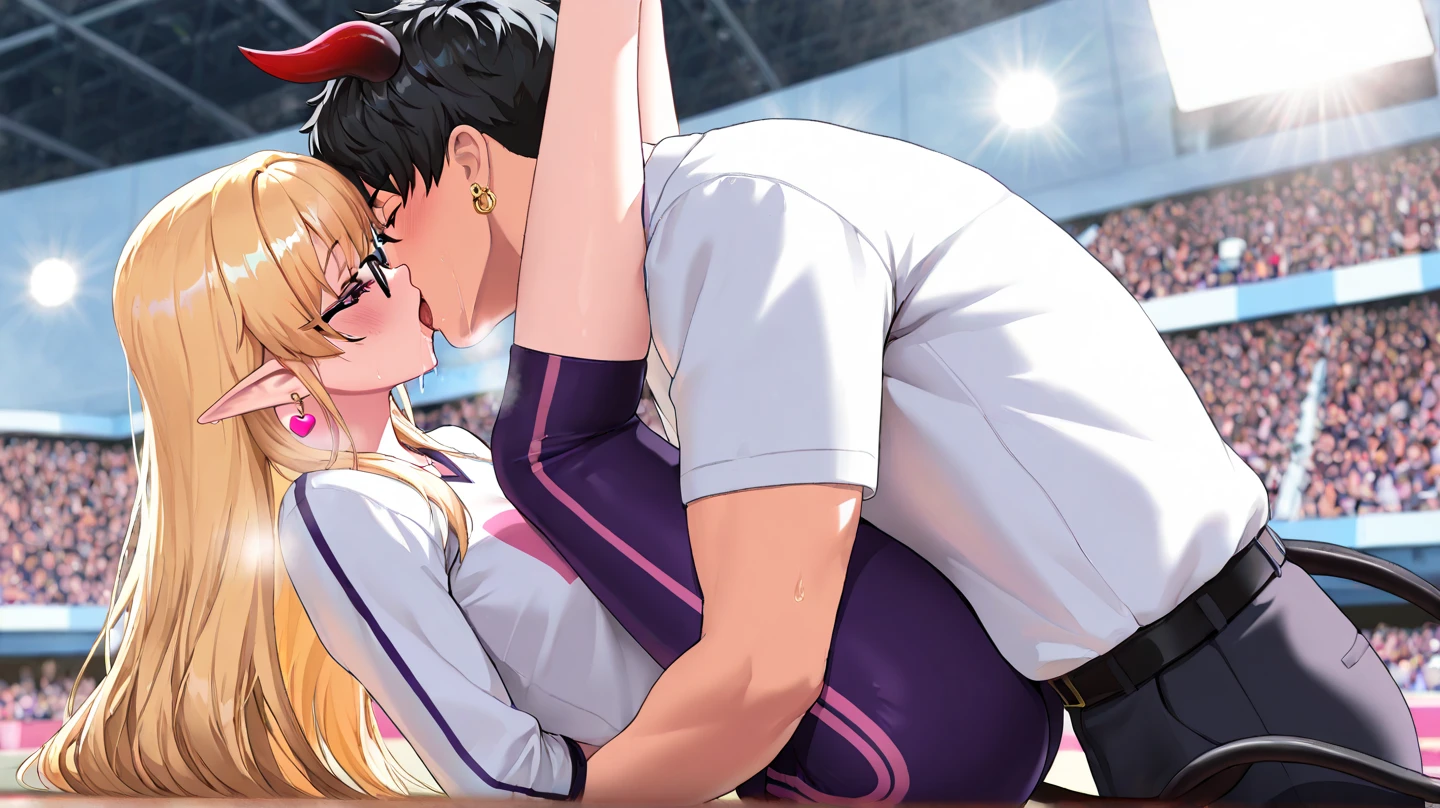 (masterpiece,best quality:1.3),(ultra-detailed,high resolution:1.2),(illustration),((an extremely delicate and beautiful)),(detailed background),((1girl,tall stature)and(1shota boy,short stature)),hetero,(1girl,tall stature:1.4),(curvy:1.4),(long hair, french braid),straight hair, (blonde hair), light blue eyes, (large breasts), pale skin,shiny skin, (rolling eyes:1.4),(ahegao),(trembling), erectile nipples, ((She wears pink sports bra,white leggings)), cum in pussy,(cum on clothes:1.4), cum on body,cum in mouth,cum on hair,excessive cum, (1shota boy,short stature:1.4),smug,small penis, ((vaginal,sex)),(upright straddle,couple,face-to-face,kiss),(wrestling ring),