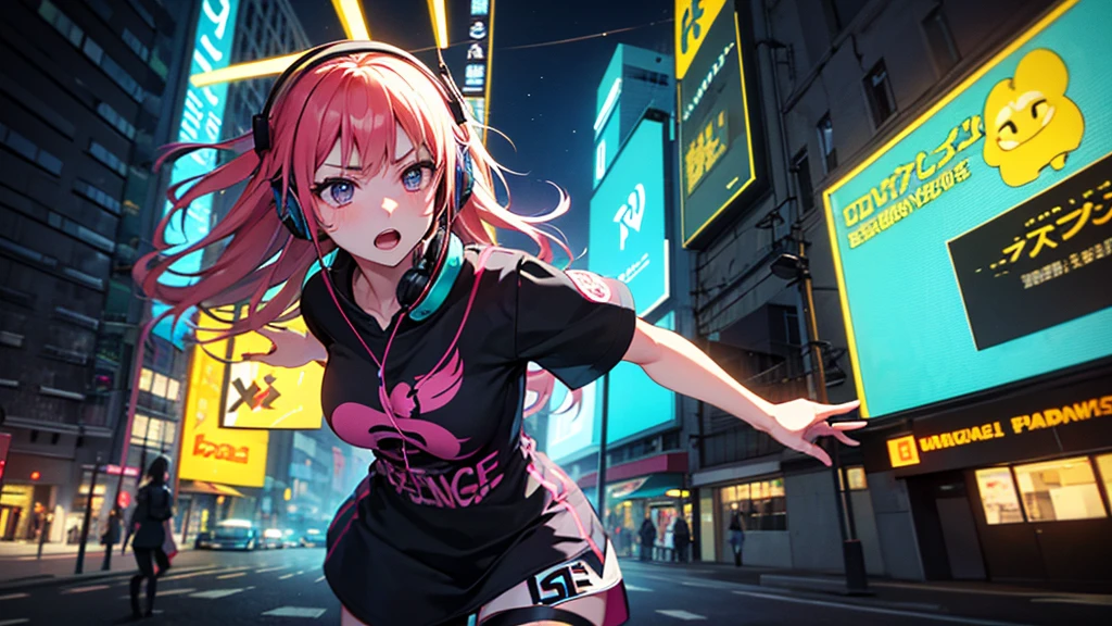 masterpiece, 1girl ((20year old, Black short sleeve hoodie exposes navel, tight blue jeans, medium breasts, multicolor pink hair, twin ponytails, green eyes, flirting, happy, big smile, headphones, standing in a street at night, neon lights and towering skyscrapers, futuristic and energetic atmosphere))