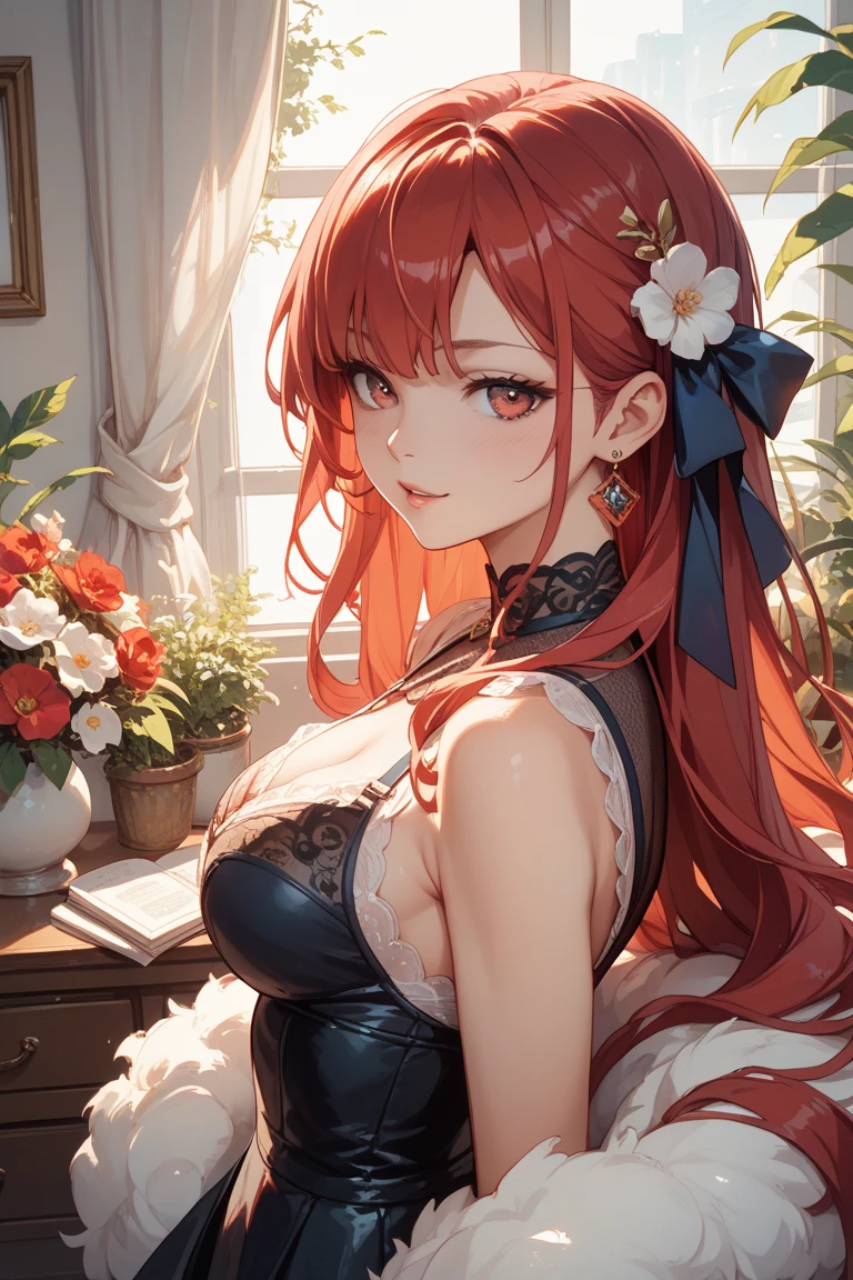 red hair girl, small girl, one girl, wedding dress, with black wings, goddess of darkness, black wings, angel, face on camera, tight shirt, show large chest, dark isekai, shy girl, pitiful face, face forward to camera, asking pose, pink cheeks, half body, body on big chain, smile, blue eyes, no nails, pink blushes, lying on grass, very big breast, cleavage, wet breast, leg_up, 4k, smooth, shiny wet cleavage, flapping black wings on her back