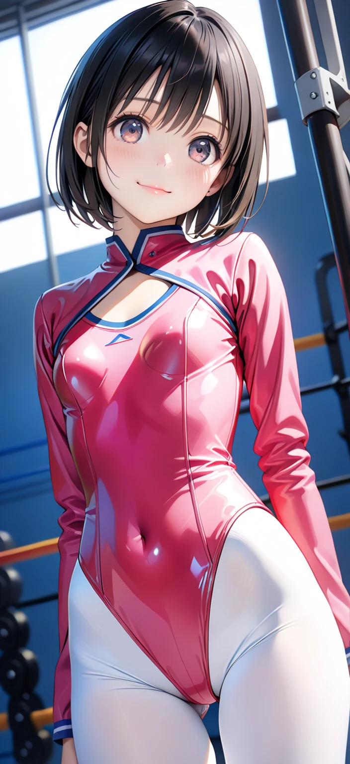 1 girl, bob, center part, forehead, brown hair, piercing, brown eyes, model posing, smile,
BREAK (masterpiece), (high resolution 8K), cinematic lighting, professional lighting, detailed eyes and face, detailed body,
BREAK (pink rhythmic gymnastics:1.2),(red athletic leotard,long sleeves:1.3),(rhythmic gymnastics ribbon:1.2),hair ribbon, highleg, large ,(collarbone:1.1), (cameltoe:1.1), covered nipples