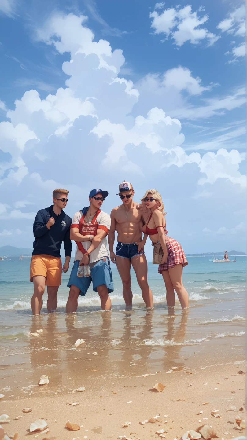 Three mister young handsome white tall beautiful face all of the same height together with paraguay cover on the beach winner of the gold crown with red white blue swimsuit catwalk public applauds him celebrating