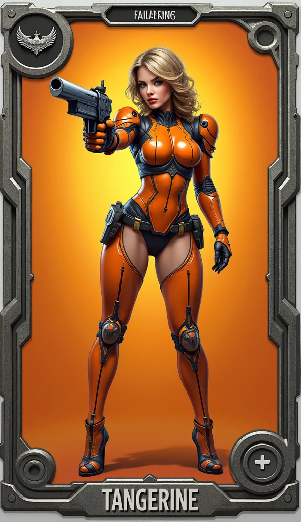 gorgeous female mechanic, atompunk, blank background, retro-futurism, mechanical hand, cybernetic augments, orange jumpsuit, gunmetal grey, cleavage
