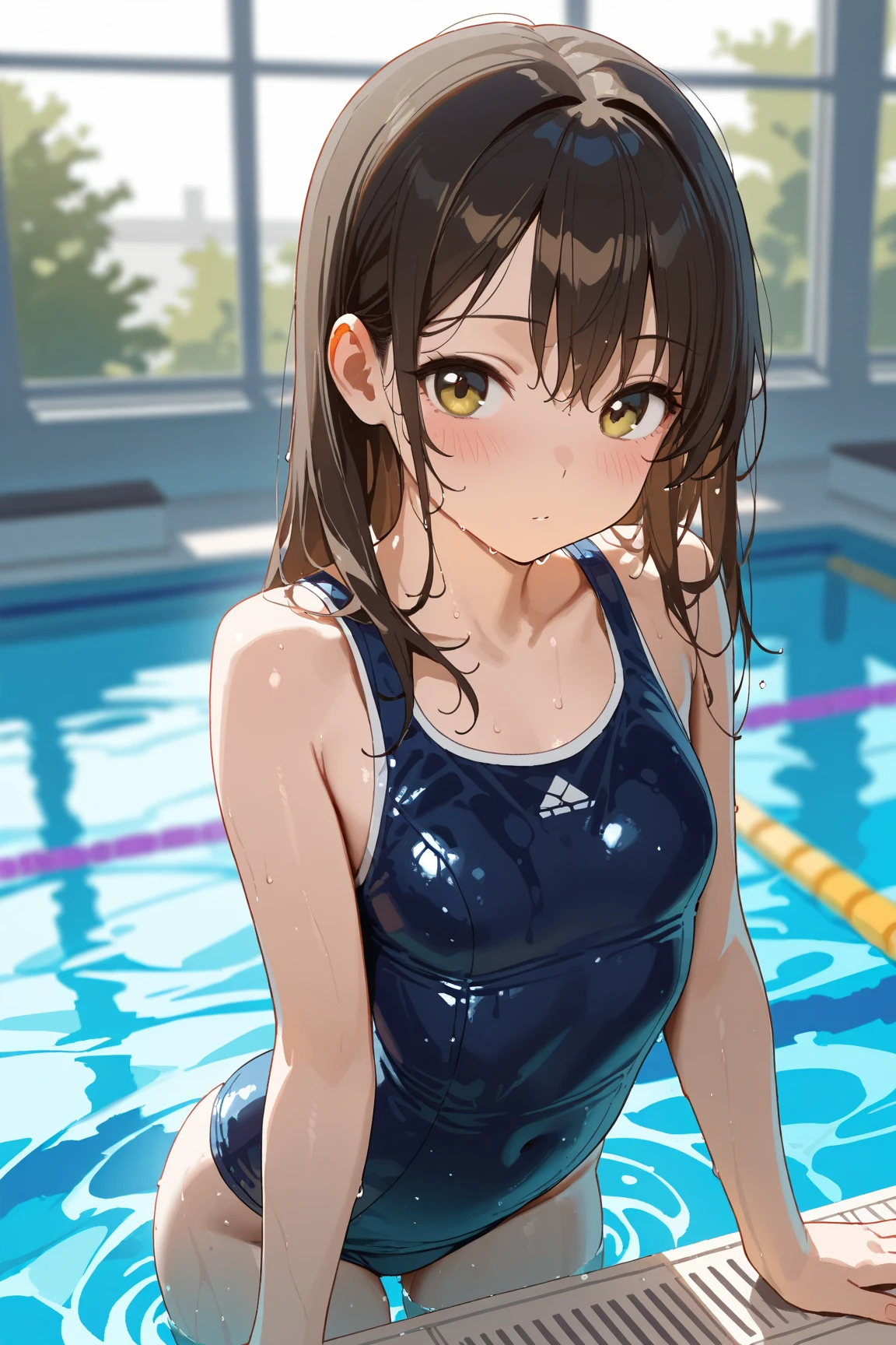 hot anime girl with just the bottom of the swimsuit, small tits, flat, lolita, green eyes, purple long hair with twintails and a fringe with three clips on the left and two on the right, hot posing, smooth body, high detail skin, her hands covering her breasts, swimming pool background, pov, embarrassed look