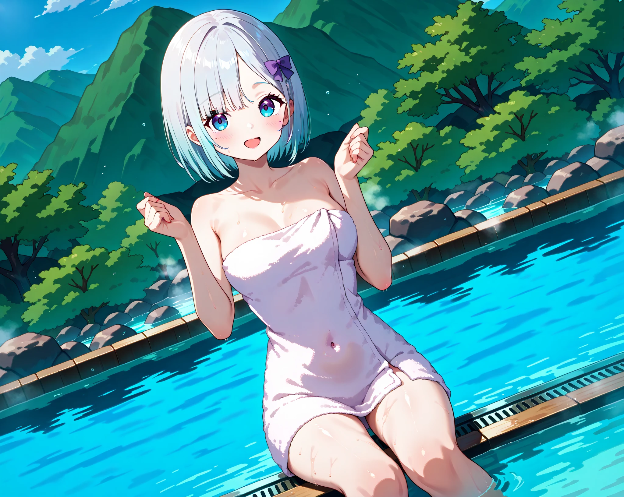 ((masterpiece)), ((best quality)), (ultra-detailed), anime style, pool, a cute girl, 1girl, solo, ((beautiful eyes)), smile, bikini00,