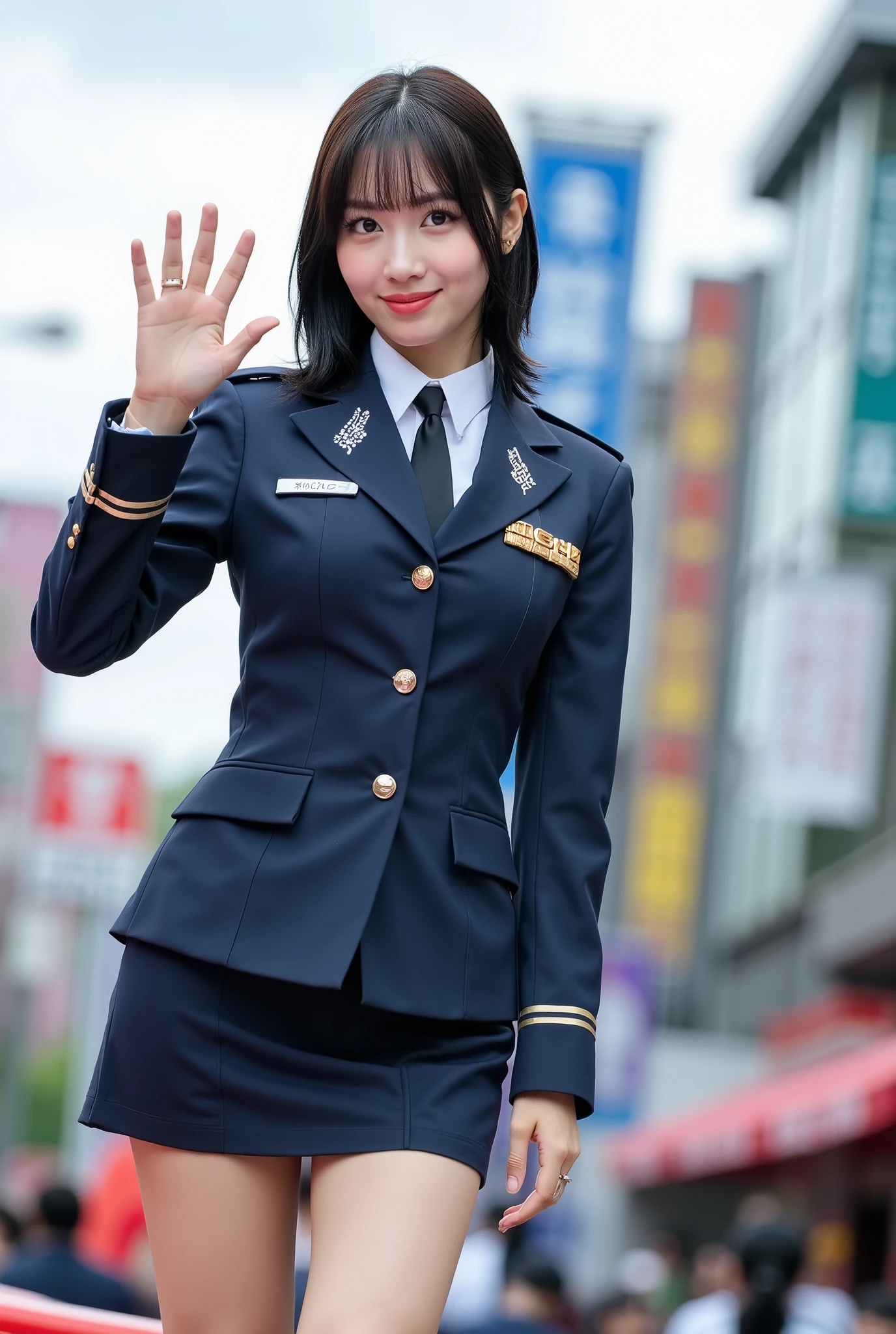 Create a portrait of a stunning Japanese female singer. She has a slender physique, medium-sized breasts, and thin legs. Her hairstyle is medium-length. She is dressed in a Japanese police uniform, serving as a "One Day Police Chief". The scene captures her participating in a parade, standing on a parade float, waving enthusiastically. The image should be a full-body shot, showcasing her beauty and vibrant presence.