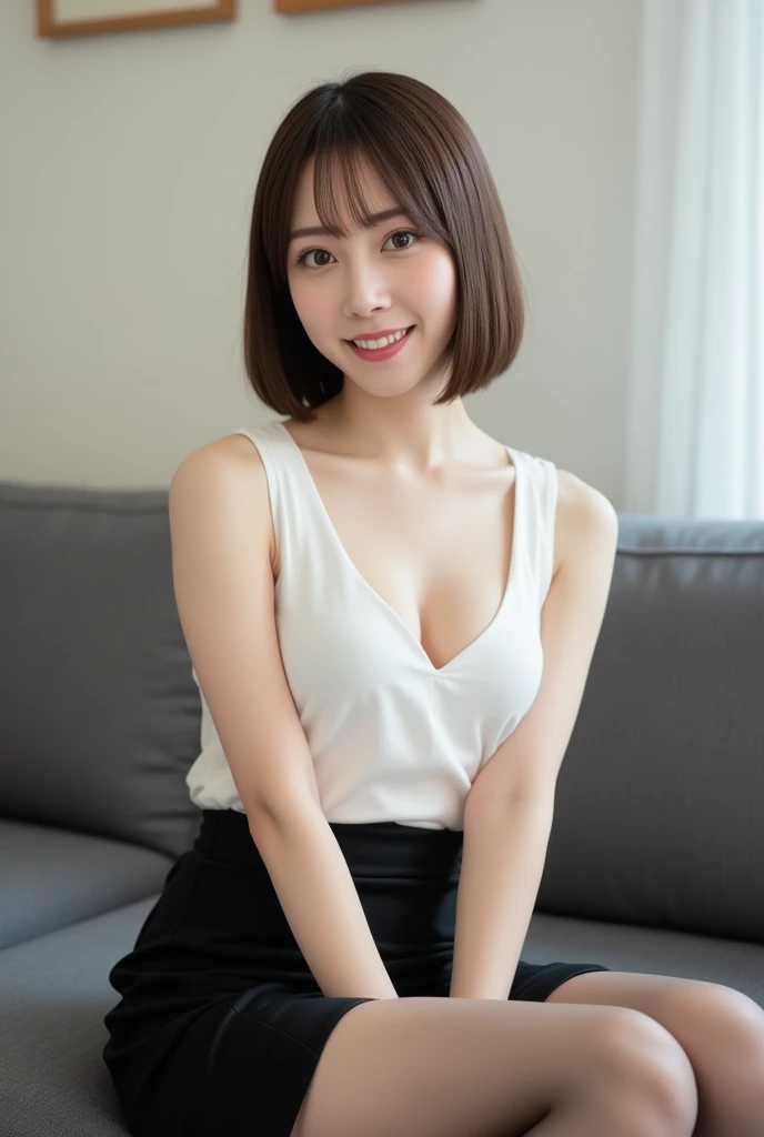 ((full body)),((full pose picture)) Masterpiece: 1.3), (8K, Photorealistic, RAW Photography, Best Quality: 1.4), Japan Girls, Standard Body Shape: 1.3, (light brown straight bob Hairstyle: 1.4), Ultra Detail Face, Eyes of Detail, Double Eyelids, slim legs, slim body, 20 years old girl, teen, ((sitting on chair:1.4)), roudn earings, Slouching Breasts, Sharp Focus: 1.2, Pretty Women: 1.4, Light black Hair, Top Quality, wink, blushing, Masterpiece, ((grin smile:1.3)), Ultra high resolution, firm buttocks, black eye shadow, (photorealistic: 1.4), very detailed and professional lighting serious smile, virgin killer sweater, hotel room,