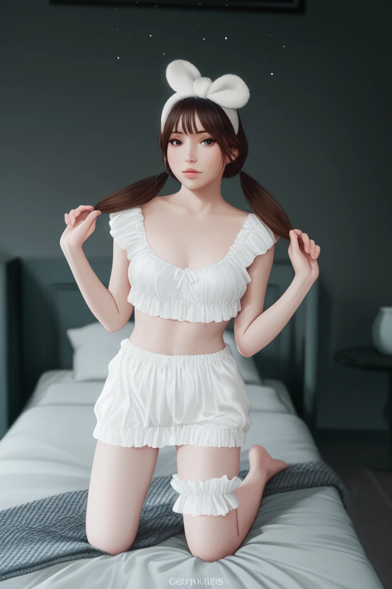 (hyperrealistic), (illustration), (high resolution), (8K), (extremely detailed), (best illustration), ((Zhou Shuyi)), (beautiful detailed eyes), (best quality), (ultra-detailed), (masterpiece), (wallpaper), (detailed face), solo, 1 girl, white wavy hair, Korean, heterochromic eyes, small moles under eyes, loose white shirt, maid outfit, big breasts, long legs, tight abs, camel toes, stockings