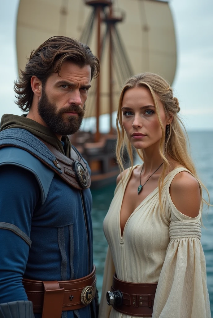 , (Ultra quality:1.2), (Ultra detailed:1.2), (Ultra detailed clothes:1.2), (Ultra detailed face:1.2), (Ultra detailed eyes:1.2), (Ultra detailed body:1.2), (Ultra detailed weapons:1.2), cinematic film still {prompt} . shallow depth of field, vignette, highly detailed, high budget , cinemascope, moody, epic, gorgeous, film grain, grainy, dark shadows , queen of the pirates hugging her husband,,   ((man, male, young, boy, short hair, blonde hair, man huggin the queen , perfect couple )) partly cloudy ,  ((three  moons at the horizon) , floating islands  , [[the ancient pirate ship is  flying and floating high above the clouds]] ,extremely high quality ,extremely high-resolution,4K, extremely detailed , hurricane , closeup shot, epic , fairytale ,unnatural , fantastic , forgotten realms , imagery, unrealistic , out of physical rules , clouds located up and down  ,colourful, ((Beautiful brunette pirate queen is at the board of the ship, her husband hug her from back, , dirty pirate clothes , swords at the belt , )) ,[ beautiful mesmerizing face, beautiful nose, beautiful symmetric blue eyes , captain on board ,stunning dramatic sky hyperrealism, lifelike photography, long brunette hair, smiling,bright light on face ,frontlighting, gown,golden necklaces,golden brochures, beautiful dark blue eyes ,professional makeup, pink lipstick,, Realistic, Hyperrealism, 
 , beautiful mesmerizing faces, nebulas and stars at the horizon, dark blue beautiful symmetric eyes ,perfect eyes,extremely detailed face, lifelike photography, ultra high detailed,naughty smile ,high  quality ,alluring beauty full body shot, gorgeous Russian girl, awesome action photos, realistic, hyperrealism, fantasy , beautiful fit body, beautiful legs, reasonable Naughty nudity, reasonable naked body parts , golden ratio,   , (((((Full Body Shot, back shot, front shot, side shot, queen of the pirates, perfect couple , heavily armed, she is wild but beautiful,, pistol and swords))))) beautiful white teeth, 