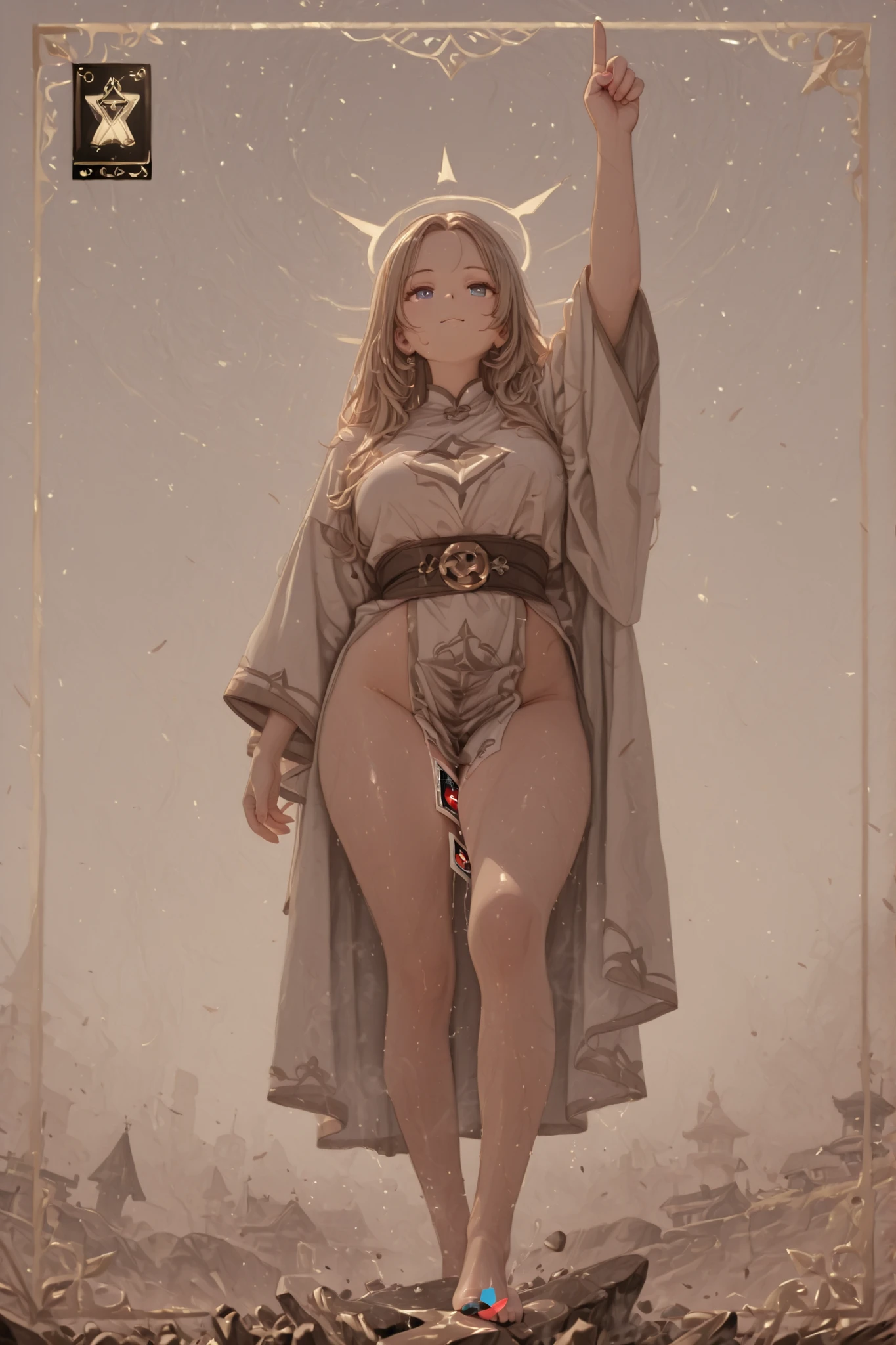 It is a special ability card with a framework of the card's superpowers.,The detail of the card(is a single woman,NSFW,standing with one leg on the other pointing up to the sky.)