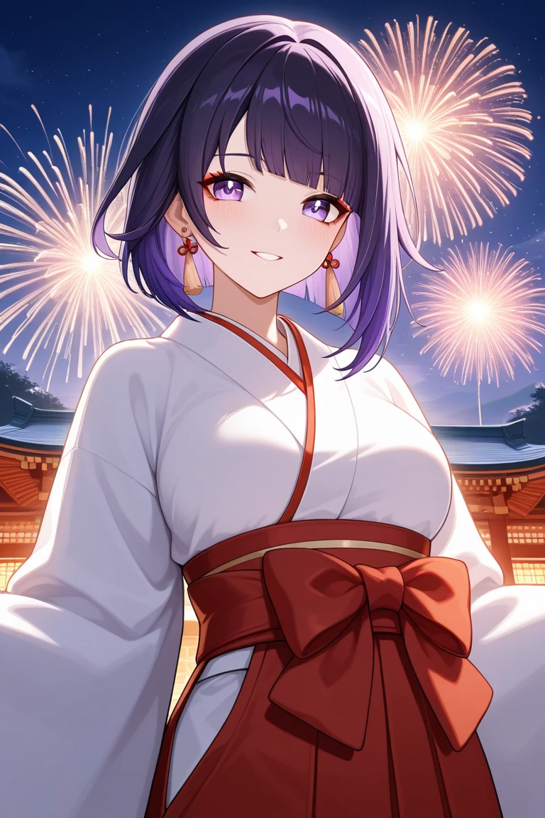 1girl, alone, Rui Tachibana, short hair, navy blue hair, red eyes, Japanese clothing, light blue kimono, cleavage, embarrassed, smiling, seductive, closed mouth, big breasts, medium waist, wide hips, medium thighs, bare legs, walking at Japanese festival, night, good lighting, fireworks exploding in the sky, good anatomy, good hands