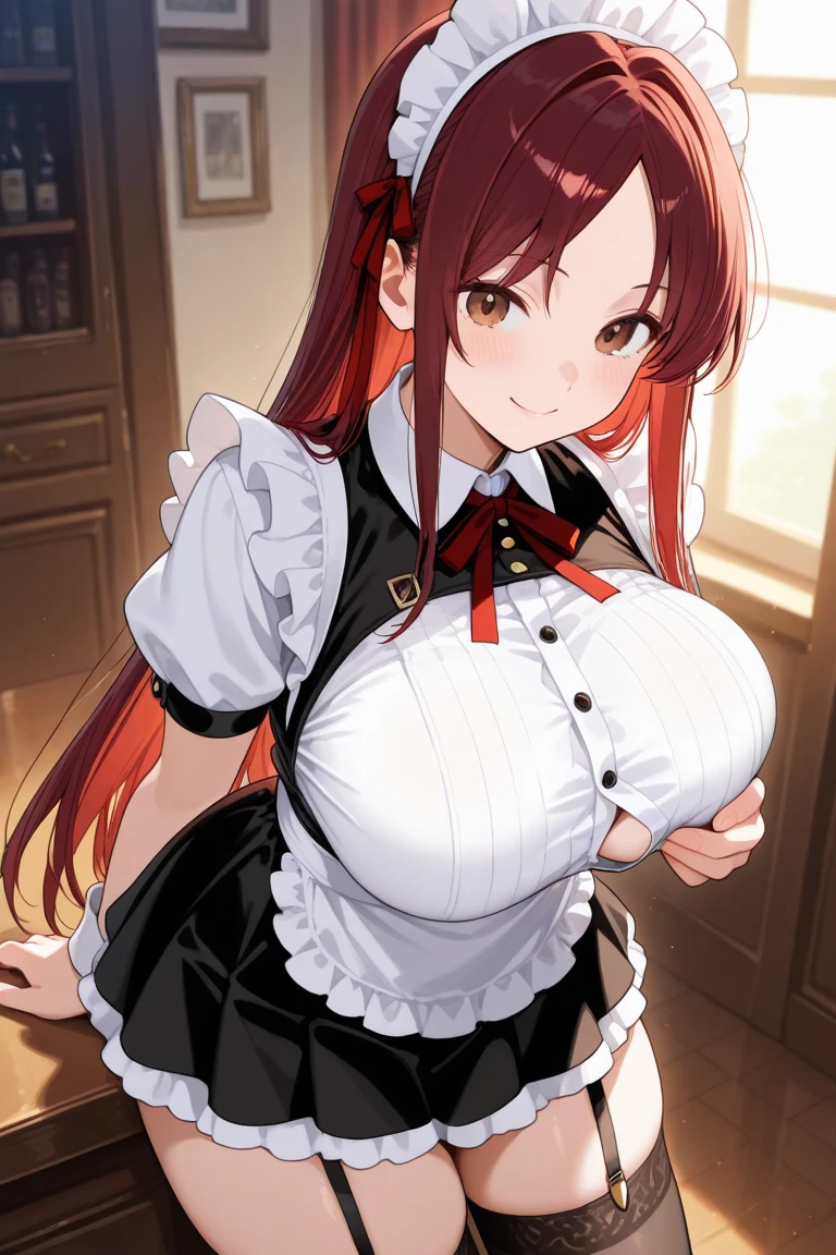 masterpiece, best quality, extremely detailed, (((Daiwa Scarlet,))) (((umamusume,))) 1 girl, young, cute face, (((huge breasts,))) (gleaming skin,) (oil,) (gleaming skin,) (glistening skin,) very long hair, twintail, hair between eyes, ahoge, shiny hair, brown hair, red eyes, tsurime, slant eyes, pale skin, shiny skin, glamorous, (((maid dress,))) black knee socks, garter straps, hair ribbon, ager, fang, ((((sweat, perspired, steam,)))) (((((vulgarity,)))))
