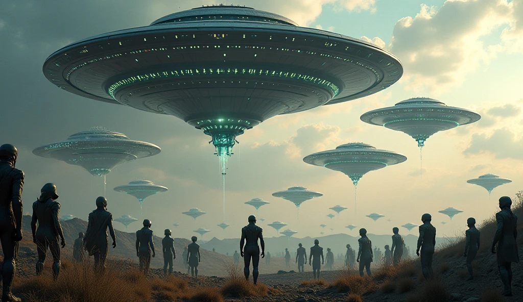 Four wheel-shaped UFO ships next to the 4 extraterrestrial beings that look like men in space suits made of shiny bronze, next to each being a wheel; and the appearance of the wheels was like chrysolite.