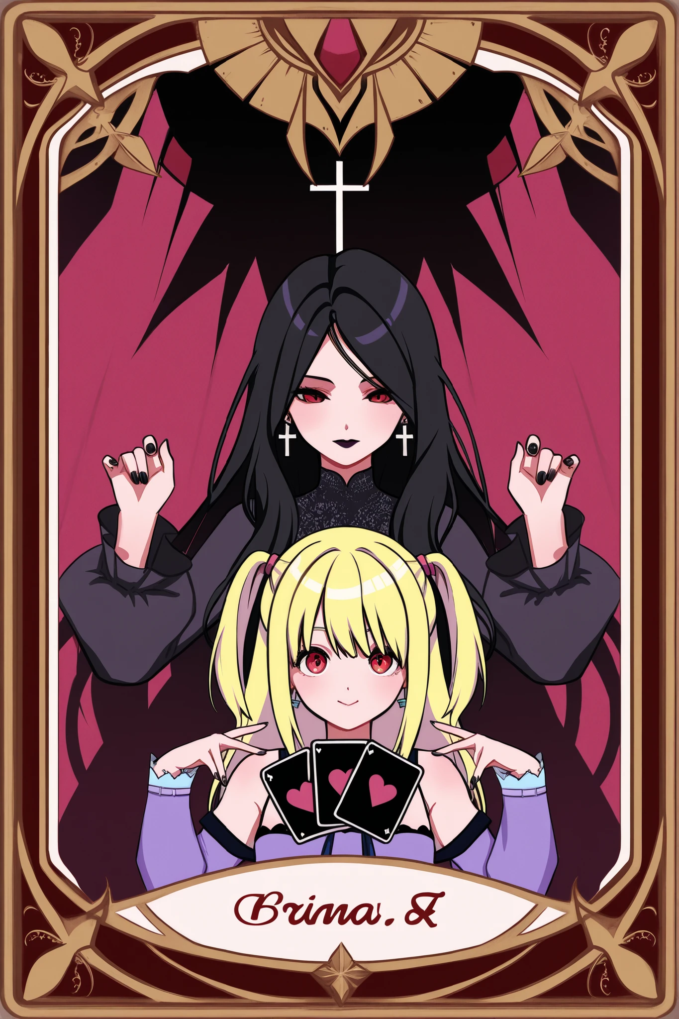 playing card style、 exchange card style、Carta rara 、amane misa, colar, brincos, vestido, red eyes, cruz, long hair, cross earrings, two sides up, loose sleeves, esmalte, nails, gargantilha, joias, Black Nails