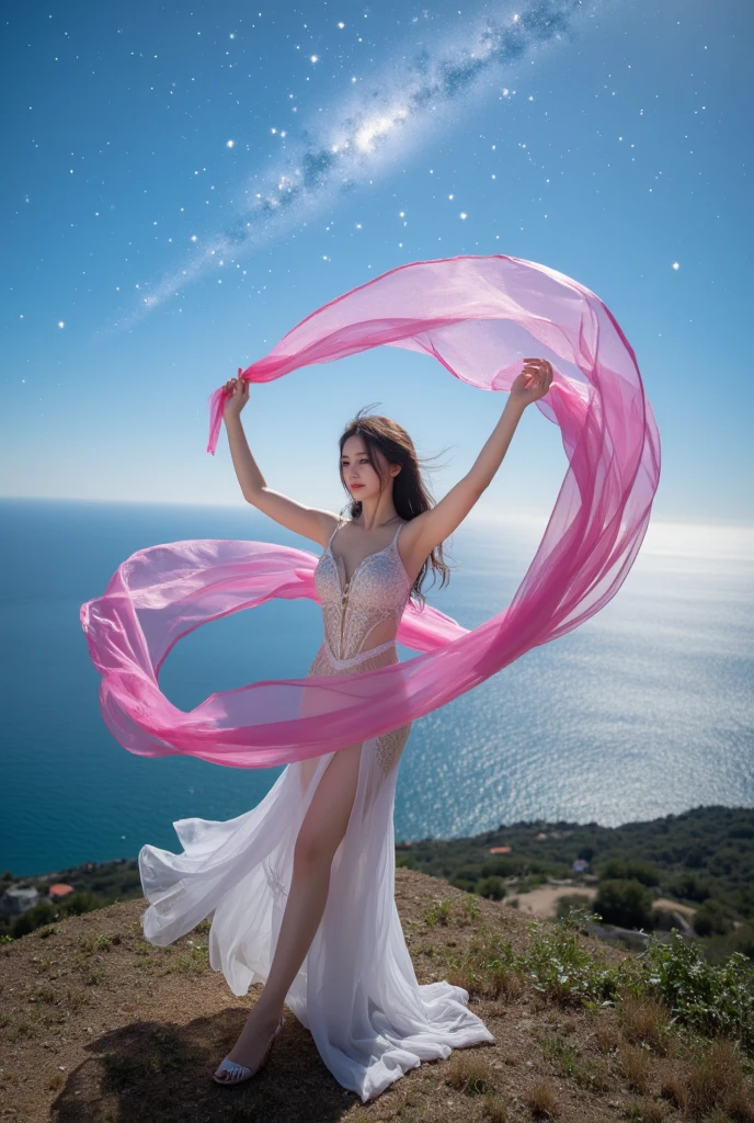a woman in a long dress standing on a beach with a swirl of light, woman spinning in a circle twirling dress, flowing magical robe, dress made of fire, swirling magical energy, fantasy woman, dramatic lighting fantasy, beautiful celestial mage, glowing with magic, fantasy gorgeous lighting, flowing robes, flowing dress, fantasy photoshoot, neon colors flowing gown, colorful swirling luminescent dress, goddess of light, softly swirling magical energy