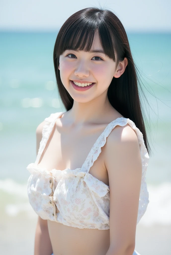 (Best-quality, Masterpiece, Ultra-High-Resolution, (Photorealistic:1.4), Raw Photo, depth of field, professional lighting, perfect anatomy, extremely details), 1girl, the most famous Japanese idol, ((extremely cute face like the most popular Japanese idol, ((extremely cute and extremely big black-eyes)), extremely beautiful black-hair), ((((extremely realistic and extremely beautiful skins)))), extremely cute long-eyelashes, extremely cute lips), extremely childish body, extremely cute thighs, ((innocent smile)), (wearing white sheer summer-dress with cute-design), (((walking down at extremely-beautiful summer-beach, detailed white-sheer-summer-dress-with-cute-design, (detailed extremely-beautiful-summer-beach))))