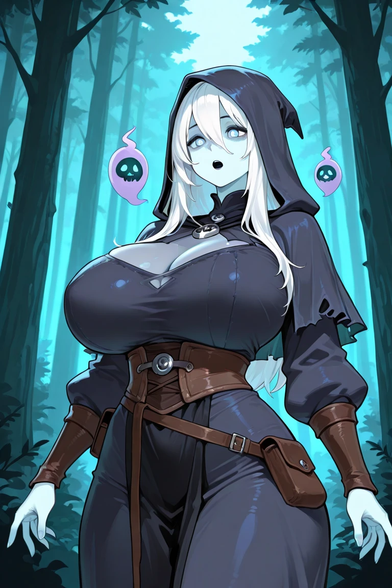 masterpiece, detailed, (realistic), young age woman, young, teen, sorceress, (gigantic breasts:1.9), (excited expression:1.2), closed eyes, thin, slender, innocent, (casting magic, glowing spell:1.2), forest, witch hat, topless, black cloak, lactating